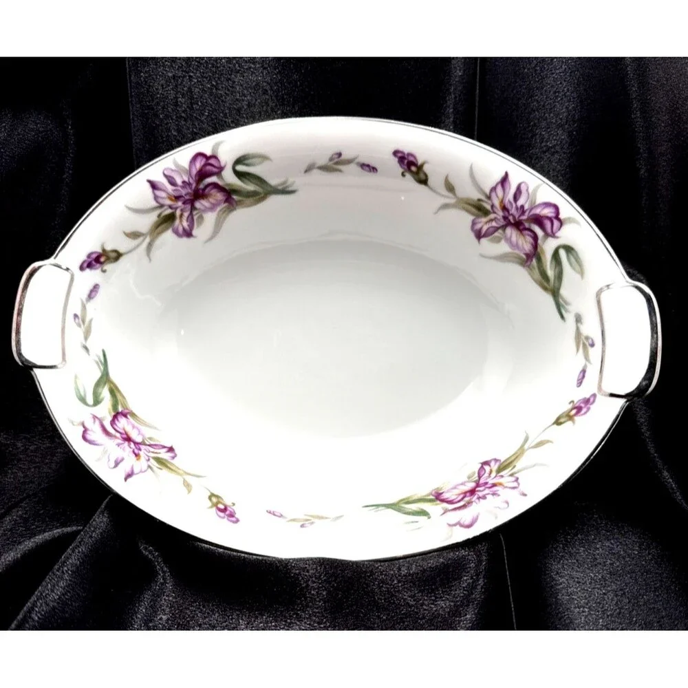 Mikado China Japan White Purple Iris Platinum Rim 10.5” Oval Bowl